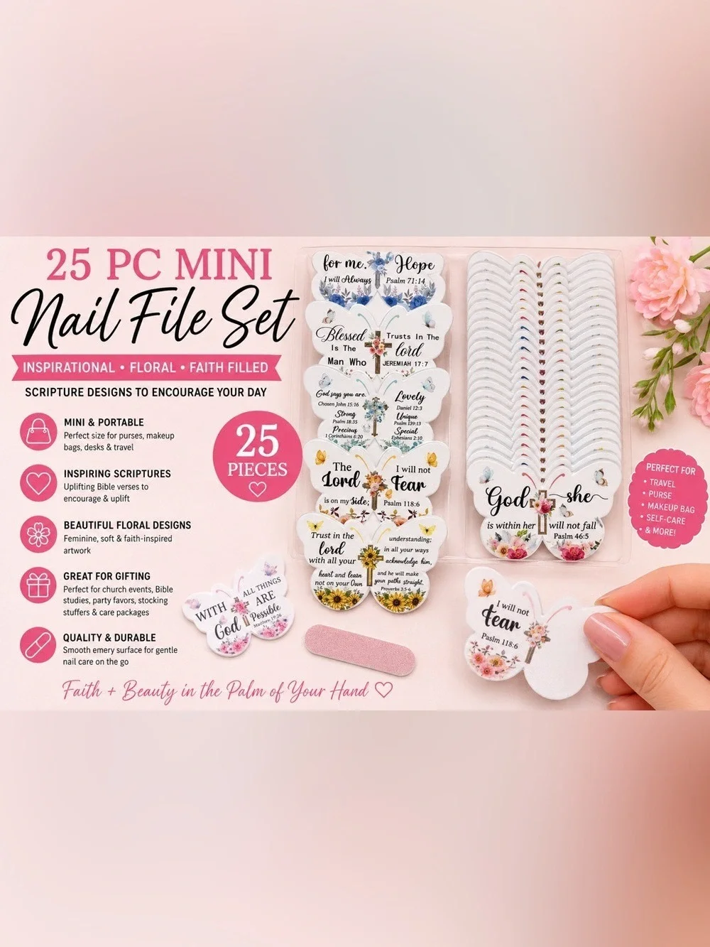 25 Pc Inspirational Scripture Mini Nail File Set Floral Christian Travel Files